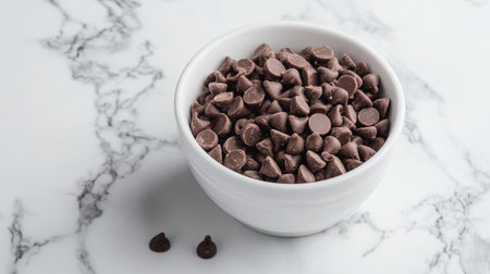Dark chocolate chips in a white ceramic bowl placed symmetrically on a marble surface.の素材