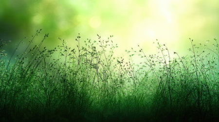 This image features delicate grass blades softly illuminated by sunlight, creating a tranquil atmosphere in a natural setting, perfect for nature-themed projects.の素材