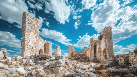 Explore the beauty of ancient stone ruins under a vibrant blue sky. Discover the history and serenity of this weathered site surrounded by stunning clouds.の素材