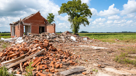 A dilapidated house stands in ruins among scattered bricks, with green fields stretching in the background under a vibrant blue sky and fluffy clouds.の素材