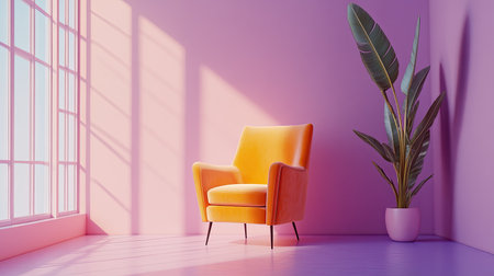 A tranquil interior scene showcasing a yellow chair beside a vibrant green plant. Sunlight creates soft shadows on purple walls, enhancing relaxation.の素材