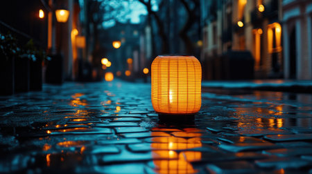 A tranquil street scene showcasing a glowing lantern on wet cobblestones, reflecting a warm light that enhances the peaceful evening atmosphere.の素材