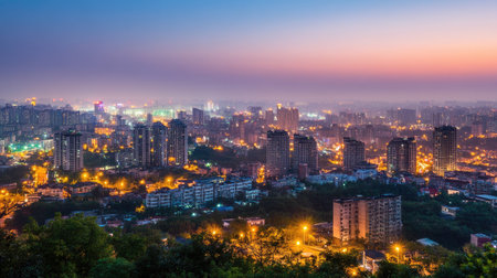 A stunning evening cityscape showcasing illuminated buildings against a twilight sky. This vibrant urban landscape captures the beauty of city life at dusk.の素材