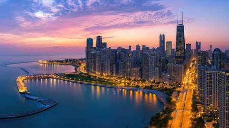 Experience the breathtaking beauty of a Chicago sunset reflecting over the lake. The skyline lights up as dusk approaches, creating a serene urban landscape.の素材