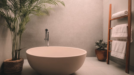 Discover a tranquil bathroom featuring a sleek freestanding bathtub, surrounded by lush greenery and minimalist decor, perfect for relaxation and wellness.の素材