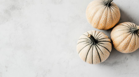 Trio of decorative white pumpkins with distinct green stripes on a smooth light background, perfect for autumn-themed decor and seasonal arrangements.の素材