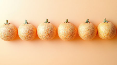 A visually appealing arrangement of fresh cantaloupes on a soft orange background. The vibrant fruits exhibit a textured surface, perfect for culinary themes.の素材