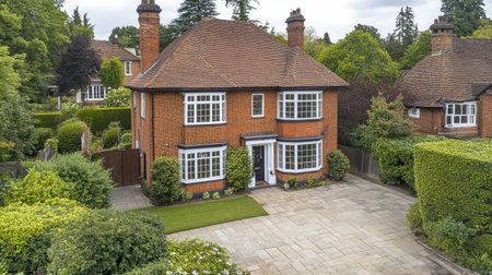 A charming red brick house set in a serene environment, featuring lush gardens, a spacious driveway, and architectural elegance typical of suburban living.の素材