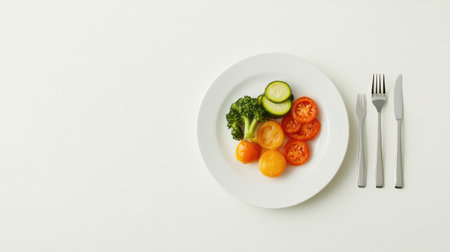 A vibrant assortment of freshly prepared vegetables arranged on a white plate, featuring broccoli, cucumber, and tomatoes, perfect for a healthy meal.の素材