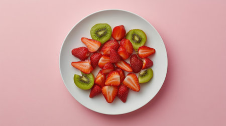 A vibrant arrangement of fresh strawberries and kiwi slices on a simple white plate. The pink background enhances the colors, creating a delightful and appetizing food scene.の素材