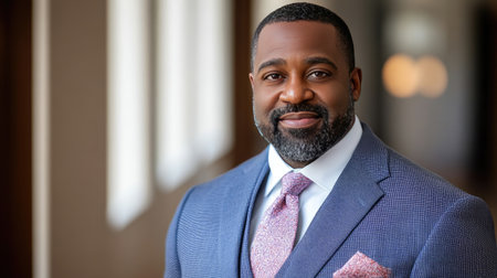 A confident businessman wearing formal attire poses for a portrait in a modern indoor setting, radiating professionalism and approachability, perfect for corporate themes.の素材