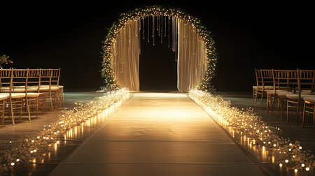 A stunning wedding ceremony setup featuring an enchanting arch adorned with twinkling lights, leading down a beautifully decorated aisle. Perfect for romantic occasions.の素材
