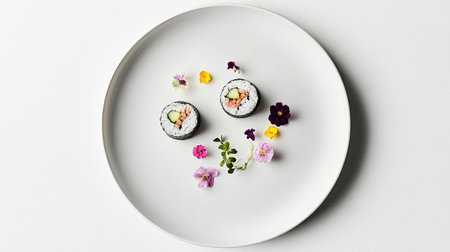 Discover the beauty of sushi artfully placed on a white plate, garnished with vibrant edible flowers, showcasing a blend of colors and cultures.の素材