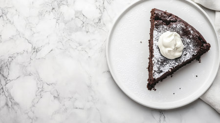 A tempting slice of rich chocolate cake topped with creamy whipped cream, elegantly presented on a white plate against a marble backdrop, perfect for dessert enthusiasts.の素材