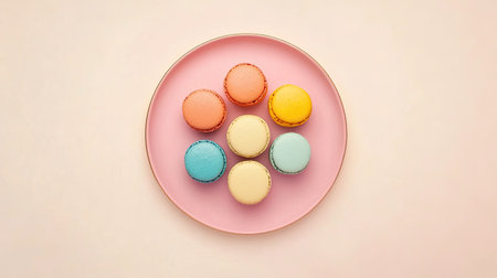 A delightful arrangement of colorful macarons on a pink plate, showcasing an artistic dessert display perfect for celebrations or special occasions.の素材