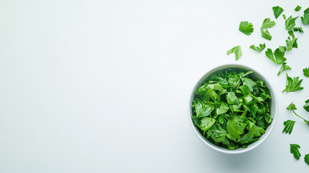 A clean and modern composition featuring freshly chopped green herbs in a bowl, surrounded by sprigs. Ideal for food-related themes and healthy recipes.の素材