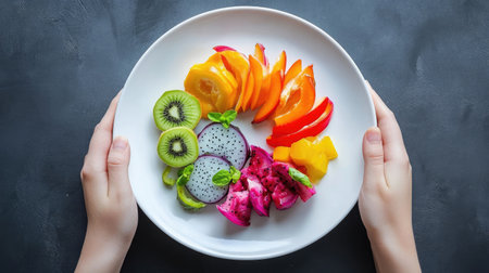 A stunning display of fresh and vibrant fruits served on a white plate. This colorful fruit platter includes kiwi, dragonfruit, mango, and more, perfect for healthy snacking.の素材