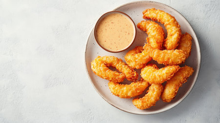 A tempting plate of crispy fried shrimp served with a spicy dipping sauce. The golden-brown texture highlights its appeal, perfect for any dining occasion.の素材