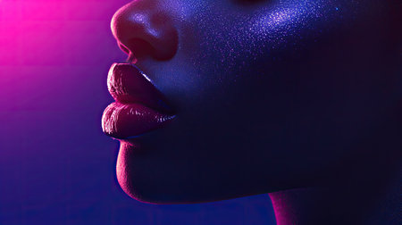 This striking close-up captures glossy lips illuminated by vibrant neon lighting against a dark backdrop, evoking a sense of beauty and sophistication.の素材