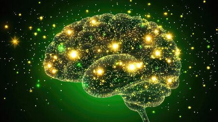 Abstract human brain made of particles and glowing circuits, set against a dark gradient with space for overlaysの素材