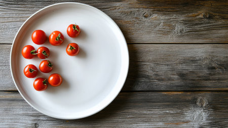 A captivating arrangement of fresh cherry tomatoes on a white plate set against a rustic wooden backdrop. Ideal for food photography and culinary showcases.の素材
