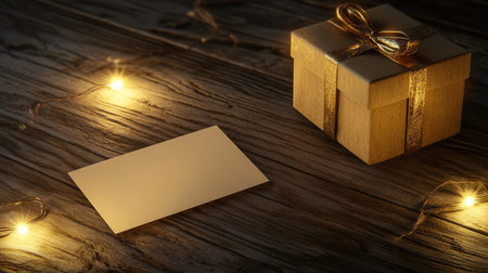 A beautifully wrapped gift box sits beside a blank card, illuminated by soft fairy lights on a rustic wooden table, creating a warm, festive ambiance.の素材