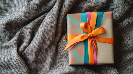 A beautifully wrapped gift box with vibrant ribbons rests on a soft fabric surface, perfect for capturing the essence of celebration and surprise.の素材