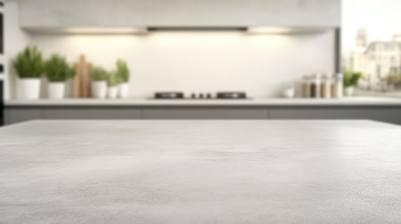 Laptop on a white countertop, with a blurred kitchen background providing neutral copy spaceの素材