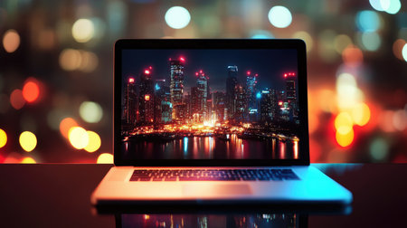 High-tech laptop on a glossy surface, surrounded by futuristic glowing lights and clean spaceの素材