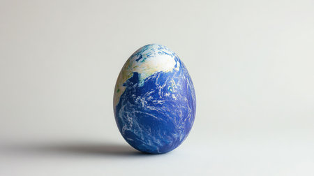 An Easter egg shaped like a globe, symbolizing the Earth, placed on a clean white background for a universal theme.の素材