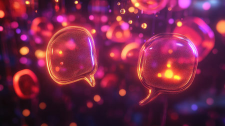 Glowing speech bubble design floating in a tech-inspired holographic gradient setupの素材