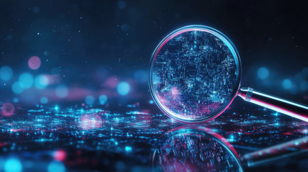 Magnifying glass with a clean futuristic background, representing tech-based search, and plenty of room for textの素材