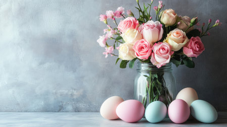 A bouquet of fresh-cut roses in a mason jar, paired with pastel eggs on a light gray tabletop.の素材