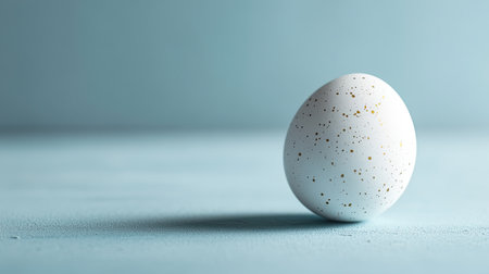 A solitary white egg with delicate golden speckles, resting on a pale blue surface with soft lighting.の素材