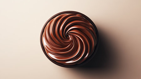 A glossy chocolate cake with swirled frosting and a soft shadow against a light neutral background.の素材