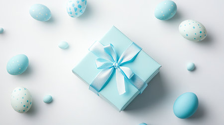 A single pastel-colored gift box tied with a ribbon, surrounded by decorative Easter eggs on a soft white background.の素材
