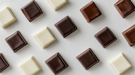 A flat lay of chocolate-covered candy bars, each placed evenly with clean edges and room for design elements.の素材