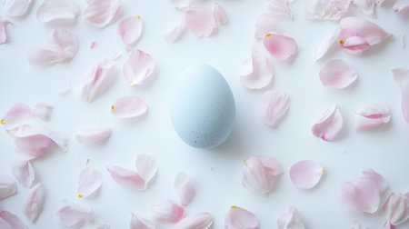A single pastel egg surrounded by flower petals on a clean white background with room for copy.の素材
