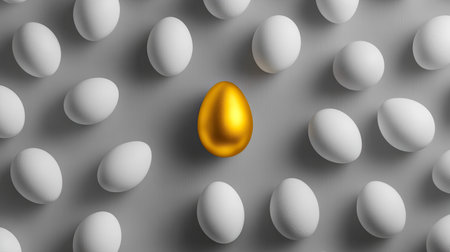A golden egg surrounded by plain white eggs, all arranged in a circular pattern on a soft gray background.の素材