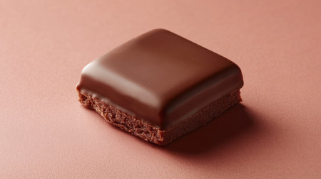 A smooth chocolate square with metallic sheen and glowing details, resting on a sleek, high-tech surface, ready for text or branding.の素材