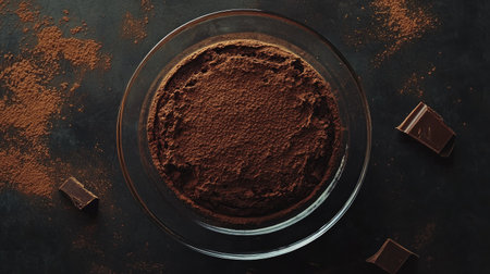 A whole chocolate cake with a light cocoa powder dusting, centered on a modern glass plate.の素材