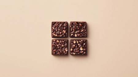 A top-down view of dark chocolate squares with crushed nuts, arranged in a row on a neutral background.の素材