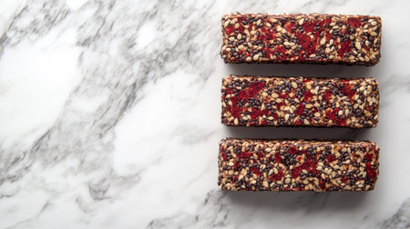Healthy chocolate snack bars with cacao nibs and seeds, placed on a marble background with ample empty space.の素材