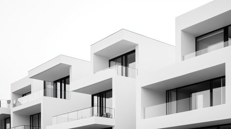 This image showcases a modern architectural building facade featuring clean lines, large windows, and minimalistic design elements in a monochrome style.の素材