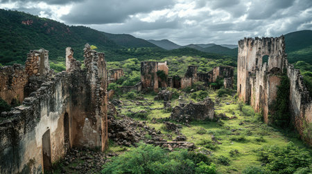 Explore the haunting beauty of ancient ruins enveloped by vibrant greenery, set against a dramatic sky and distant mountains, evoking a sense of history and tranquility.の素材
