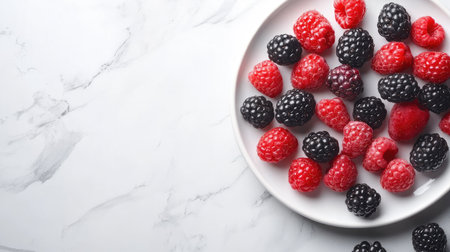 A beautiful arrangement of fresh raspberries and blackberries on a sleek marble background, showcasing vibrant colors and inviting textures perfect for healthy recipes.の素材