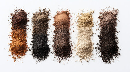 A stunning display of various natural spices and powders arranged in vibrant colors. Perfect for culinary and health-themed projects, showcasing texture and beauty.の素材