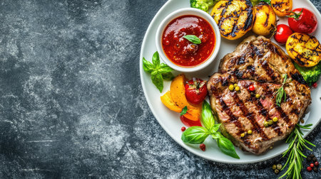 A beautifully presented grilled steak served with vibrant vegetables and a spicy tomato sauce, perfect for gourmet dining experiences and special occasions.の素材