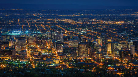 A stunning aerial view of a cityscape at night showcasing illuminated buildings and vibrant streets. The urban landscape glows under the evening sky, capturing tranquility and energy.の素材