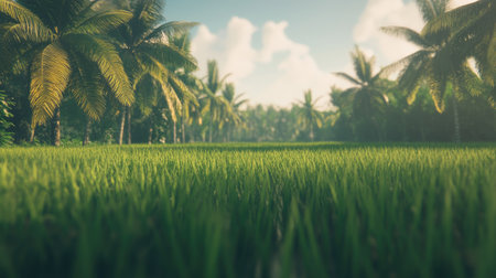 Explore the vibrant beauty of a lush green rice field framed by tropical palm trees under a clear blue sky, showcasing nature's tranquility and vitality.の素材